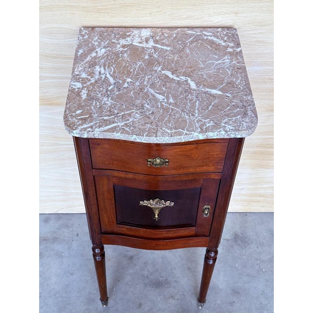 Art Nouveau Mahogany Nightstands with Crest Marble Top, 1900s, Set of 2 For Sale - Image 6 of 11