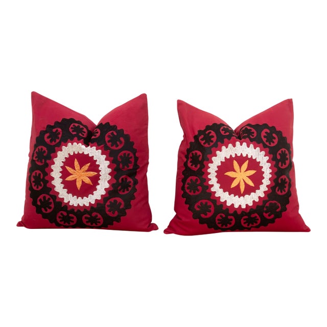 Black Scalloped Suzani Pillow Covers, Pair For Sale