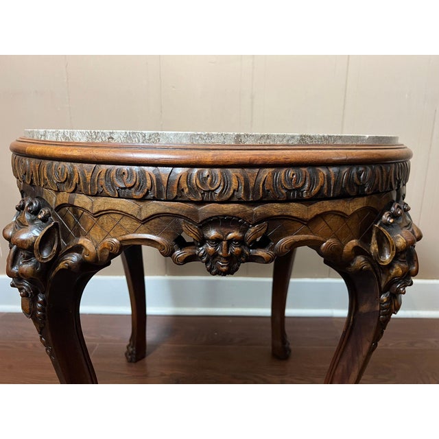 Brown Antique French Renaissance Revival Center Table Round Marble Carved Walnut C1900 For Sale - Image 8 of 18
