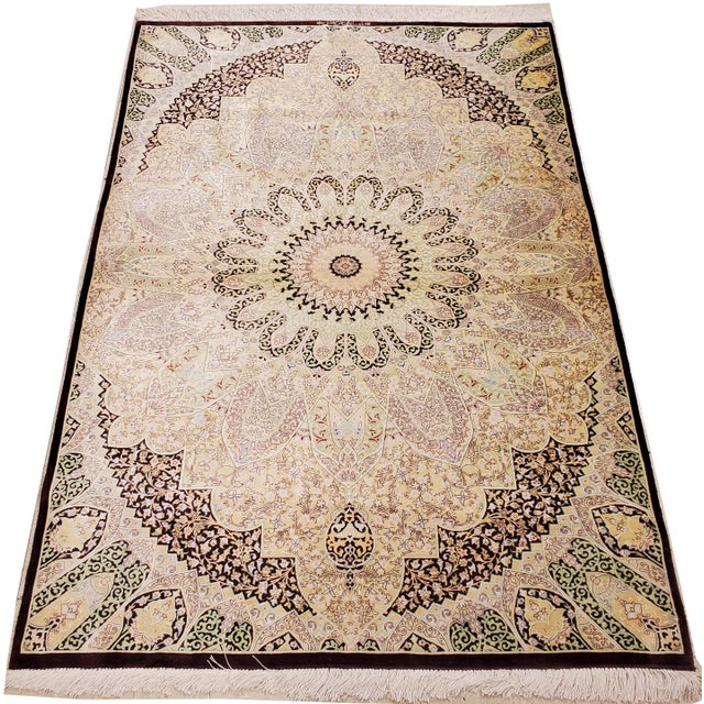 Late 20th Century Rare Finely Woven Persian Silk Qum, Handmade Oriental Rug, Ivory, Brown For Sale In New York - Image 6 of 18