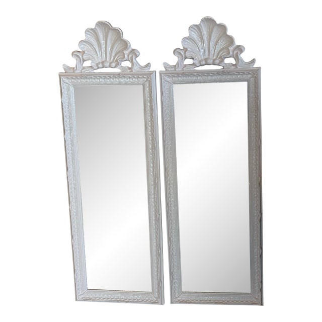 Vintage Pair Light Pink Lacquered Palm Beach Scalloped Shell Wall Mirrors For Sale