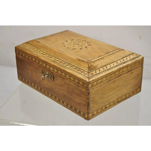 Late 19th Century Antique English Marquetry Inlaid Wood Large Tea Caddy Lined in Metal Desk Box For Sale In Philadelphia - Image 6 of 12
