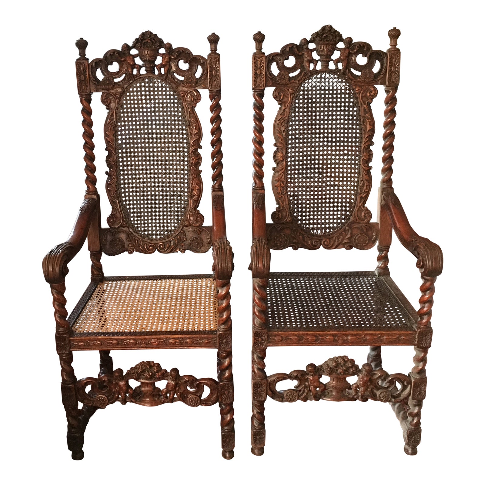 Late 19th Century Jacobean Renaissance Revival Cherub Carved Throne Arm