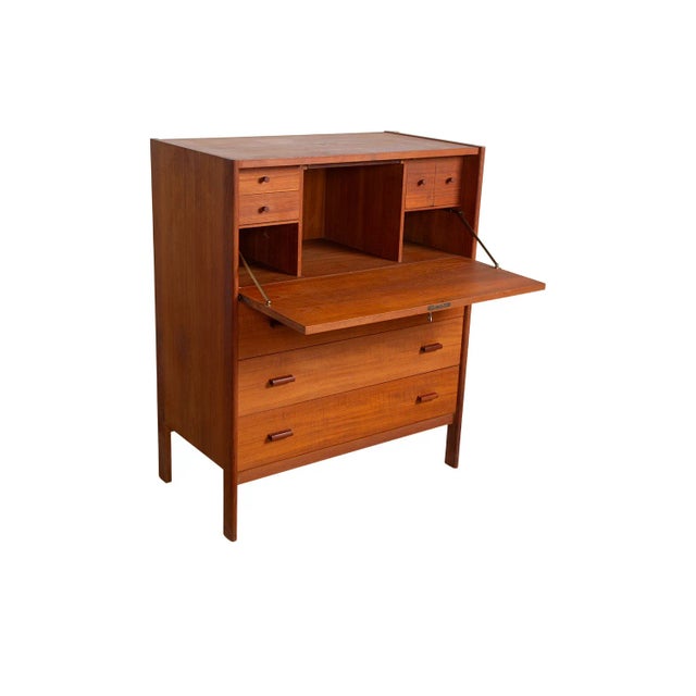 1970s Mid-Century Modern Teak Secretary Desk Vanity With Mirror For Sale - Image 4 of 11