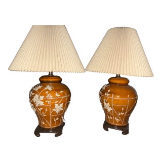 Vintage Mid-Century Modern Ceramic Table Lamps by Nathan Lagin Co., Inc. With a Faux-Bamboo Drip Glaze Pattern - a Pair For Sale