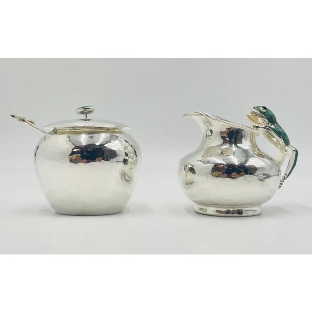 Metal 1980s Silver & Malachite Creamer, Spoon & Covered Sugar Pot Set by Emilia Castillo For Sale - Image 7 of 18