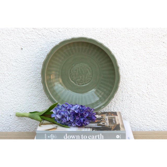 Ceramic Antique Celadon Green Plate W/ Landscape Scene For Sale - Image 7 of 7