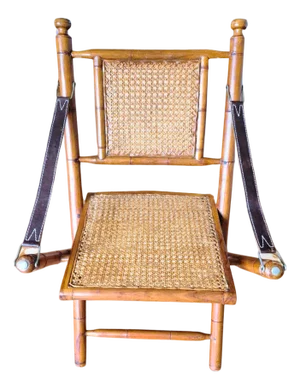 Vintage Bamboo Folding Campaign Chair With Cane Seat Leather Arms 1960s