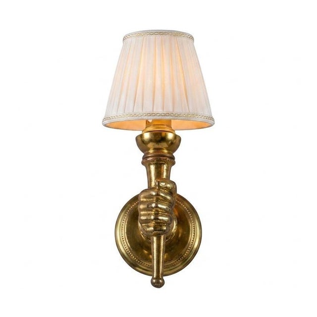 Metal Art Deco Brass Hand-Form Torch Wall Sconce with White Pleated Shade, 1930s For Sale - Image 7 of 7