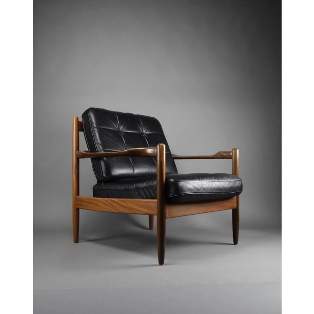 Mid-Century Danish Black Leather and Wood Lounge Chair by Grete Jalk, 1955 For Sale - Image 11 of 13