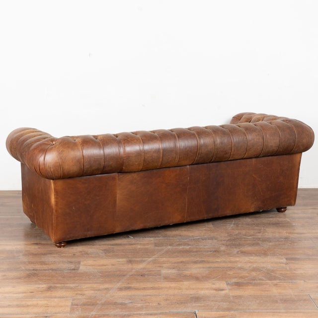 20th Century English Vintage Brown Leather Chesterfield Three Seat Sofa For Sale - Image 14 of 14
