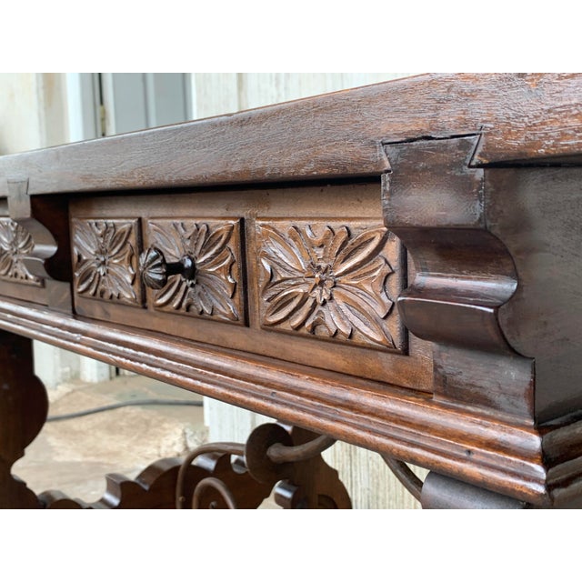 19th Century Walnut and Wrought Iron Desk With Two Drawers and Lyre Legs For Sale - Image 12 of 13