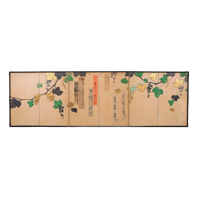 Japanese Harimaze Six Panel Screen Applied Edo Tanzaku Poems For Sale