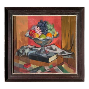 60's Mid-Century Still Life - Pedestal Fruit Bowl Oil on Canvas Painting, Signed
