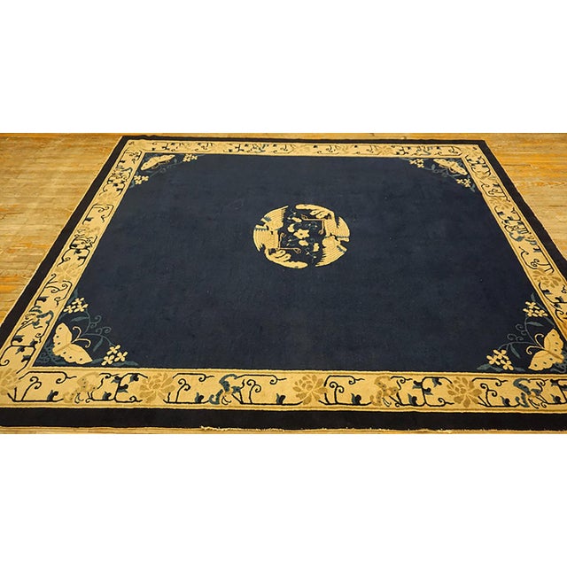 Textile 1920s Navy Blue Field Antique Floral Medallion Hand Knotted Chinese Peking Rug For Sale - Image 7 of 10