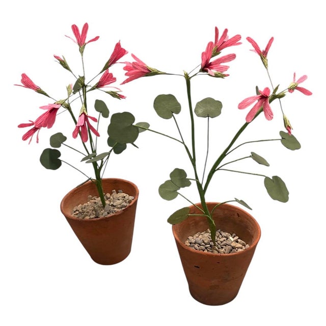 This charming pair of vintage artisan paper flower topiaries beautifully captures the delicate essence of potted...