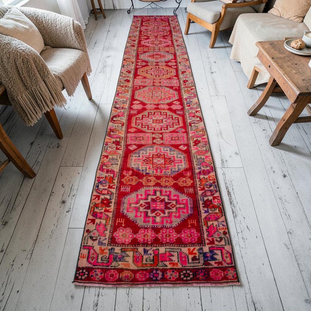 Farmhouse 1960s Vintage Hand-Knotted Colorful Runner Rug 2x13 Ft Approx For Sale - Image 3 of 16