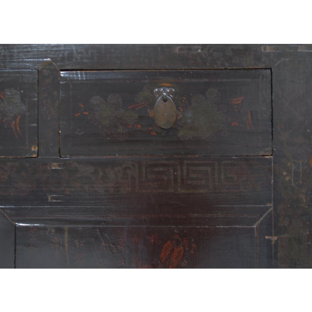 Brown Antique Chinese Tall Sideboard With Faded Hand-Painted Doors, Red-Brown Patina For Sale - Image 8 of 11