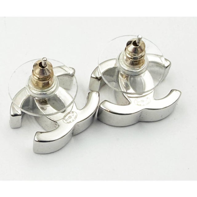 2020s Chanel Brand New Silver Classic CC Crystal Piercing Earrings, Pair For Sale - Image 5 of 5