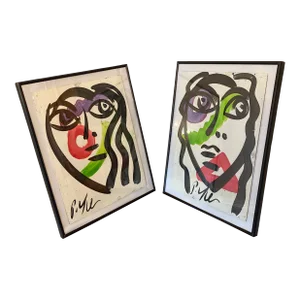 Peter Keil Original Abstract Portrait Painting on Board ~ a Pair