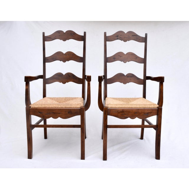 Late 20th Century European Ladder Back Folk Rush Seat Arm Chairs For Sale - Image 11 of 11