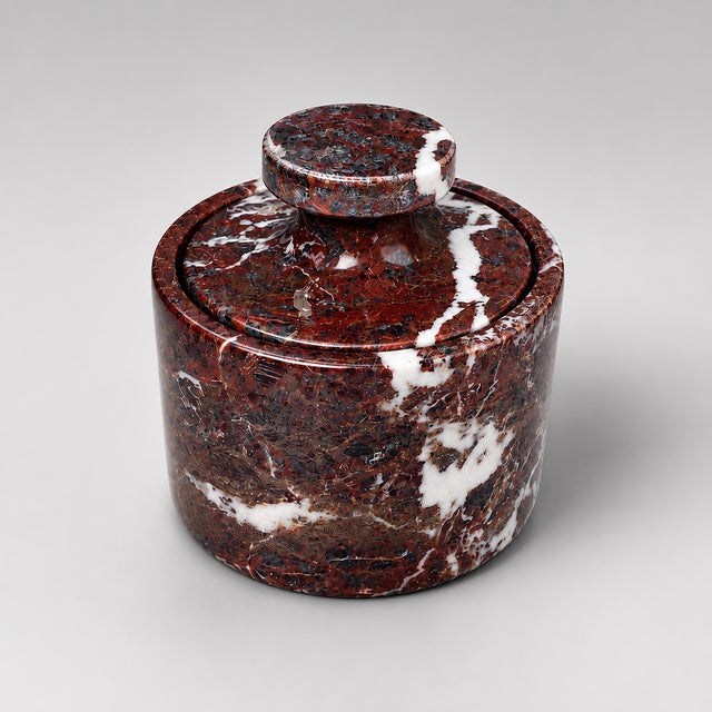 Crafted from natural rosso levanto marble with striking burgundy tones and dramatic white veining, this handcrafted Salt...