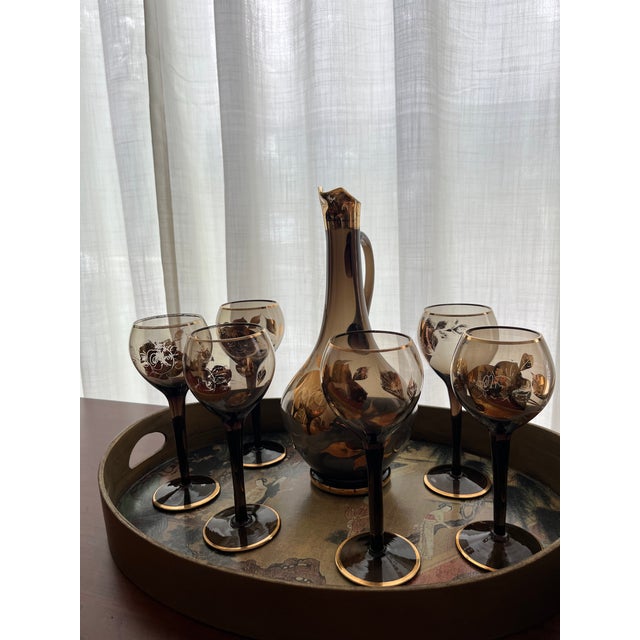 Vintage Mid Century Smoky Grey Glass Pitcher/Decanter With 6 Matching Goblets - 7 pcs For Sale In Orlando - Image 6 of 6