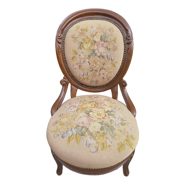 Antique Victorian Needlework Parlor Chair For Sale