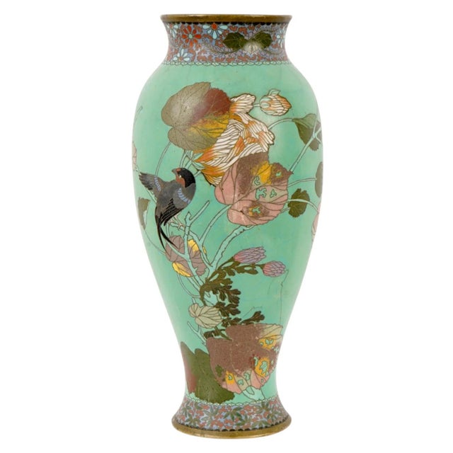 Japanese Cloisonne Enamel Vase Meiji Period Green Ground Bird Floral For Sale In New York - Image 6 of 7