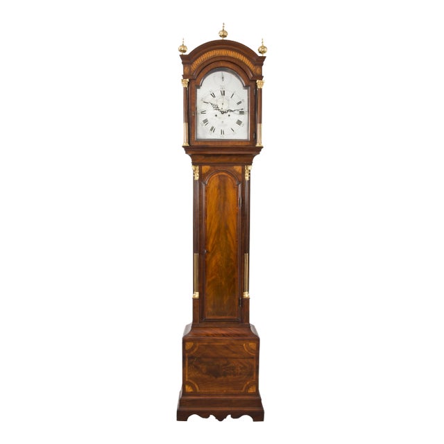 George III Mahogany Inlaid Tall Case Clock by James Clarke, circa 1770 For Sale