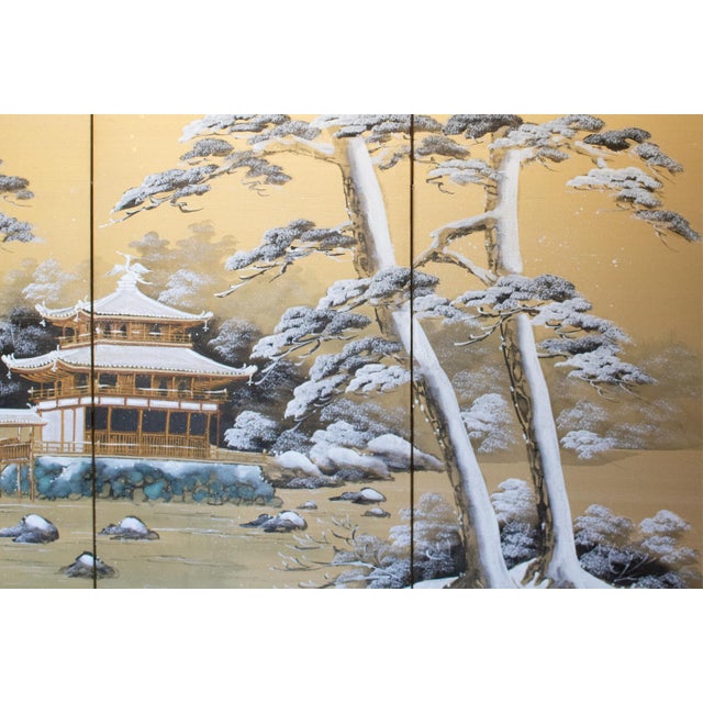 1960s "Winter Landscape With Temple", Showa Era Japanese Silk Byobu Screen For Sale - Image 14 of 18