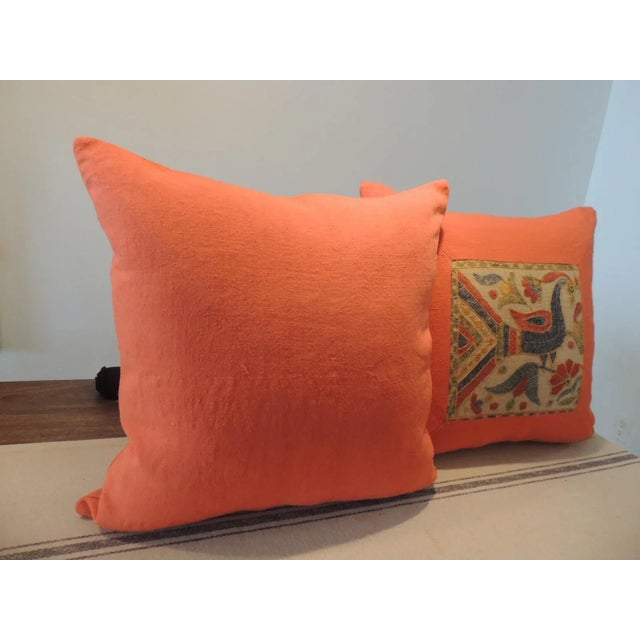 Indian Vintage Bright Orange Indian Suzani Square Decorative Pillows - Set of 2 For Sale - Image 3 of 6