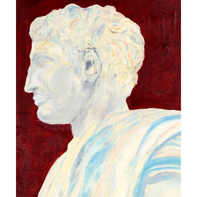 Contemporary figure study of a classical Greek sculpture of a man, depicted with expressive brushstrokes on a bold, deep...