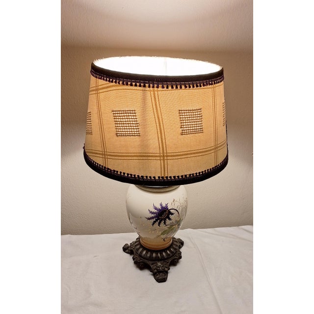 Antique German Table Lamp with Decorated Metal Base with Ceramic Column and Handmade Fabric Shade from Lamplove, 1890 For Sale - Image 5 of 10