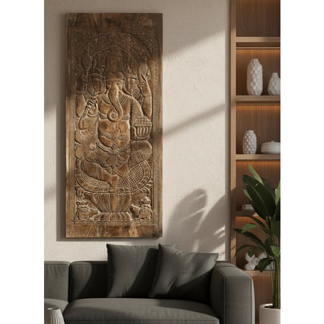 Vintage Indian Carved Ganesha Barn Door – Handcarved Wall Art Yoga Decor 96x40 For Sale In Orlando - Image 6 of 8