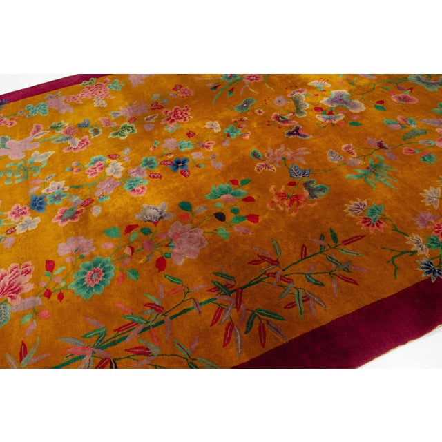 Goldenrod Antique Designed Art Deco Chinese Wool Rug Handmade in Goldenrod Color For Sale - Image 8 of 10