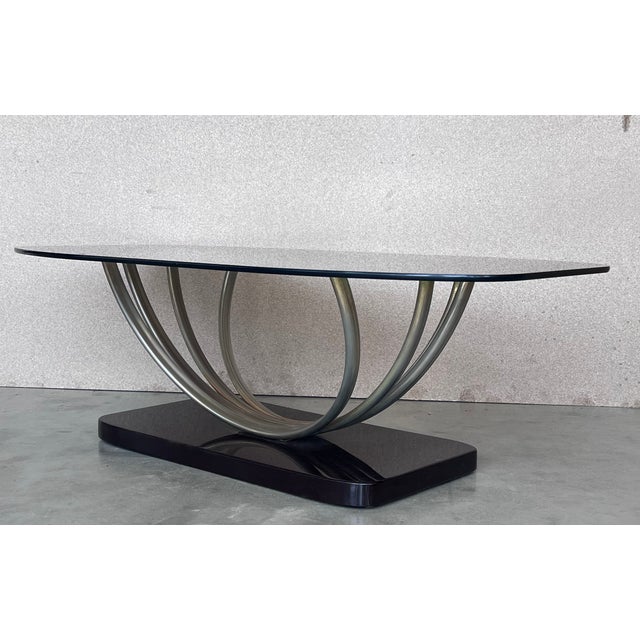 1950s Art Decó Chrome Coffee Table With Fumé Glass Top and Ebonized Base For Sale - Image 5 of 11