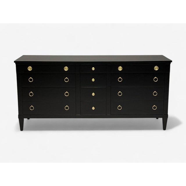Charak, Hollywood Regency Style, Dresser, Black Painted Wood, Brass, USA, 1962 A fully restored Directoire style cabinet...