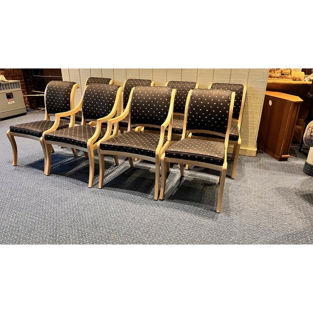 Set of 8 Century Furniture dining chairs featuring a seashell-patterned fabric. The whitewashed birch wood beautifully...