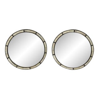 Art Deco Style Handmade White & Black With Brass Inlay Round Mirror, a Pair For Sale