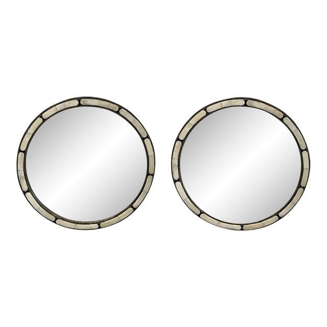 Art Deco Style Handmade White & Black With Brass Inlay Round Mirror, a Pair For Sale