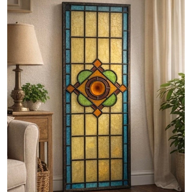 Glass Antique Leaded Stained Glass Window With Amber Eye For Sale - Image 7 of 8