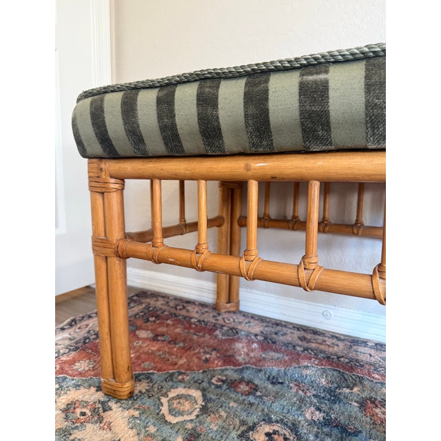 Boho Chic Vintage Bamboo & Rattan Upholstered Stool For Sale - Image 3 of 9