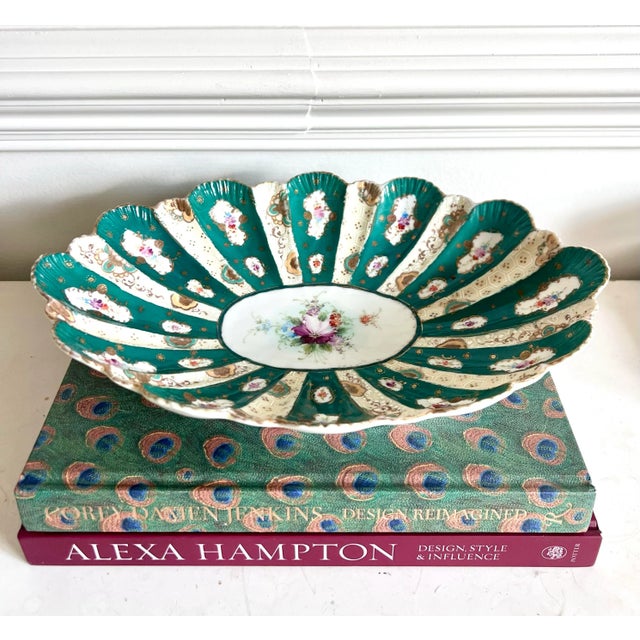 Antique Hand-Painted Limoges-Style Floral Plate With Emerald & Cream Panels, Raised Gilt Detail – France, Circa 1880s 13” For Sale In Charlotte - Image 6 of 7