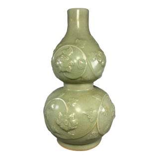 Antique Chinese Longquan Celadon Relief Gourd Vase For Sale