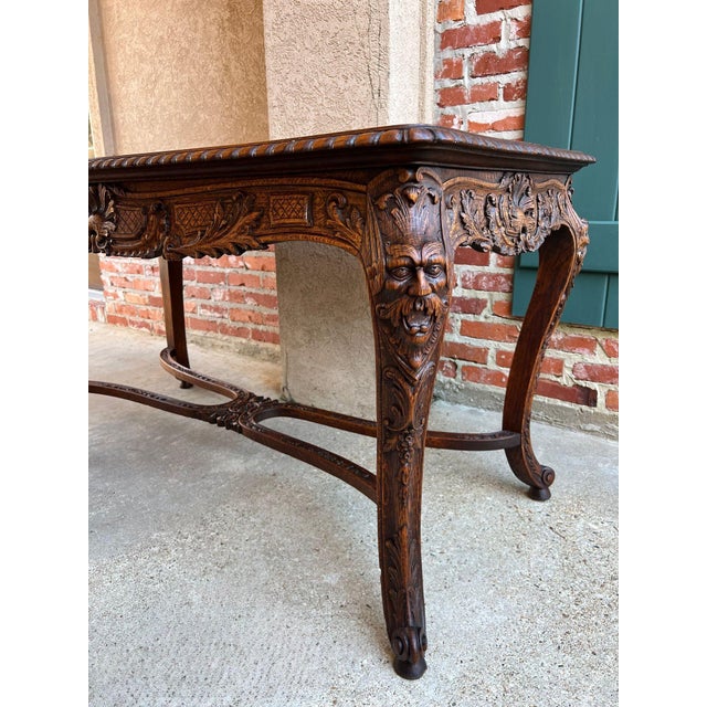Wood Antique French Center Library Table Louis XV Carved Oak Rococo Parquetry C1890 For Sale - Image 7 of 18