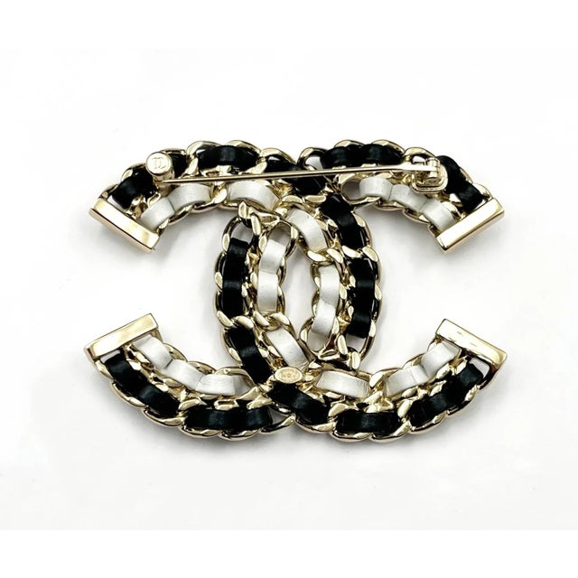 Contemporary Chanel Brand New Gold CC Black White Leather Chain Large Brooch For Sale - Image 3 of 3