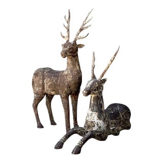 Vintage Carved Wood Deer Sculptures - Pair For Sale
