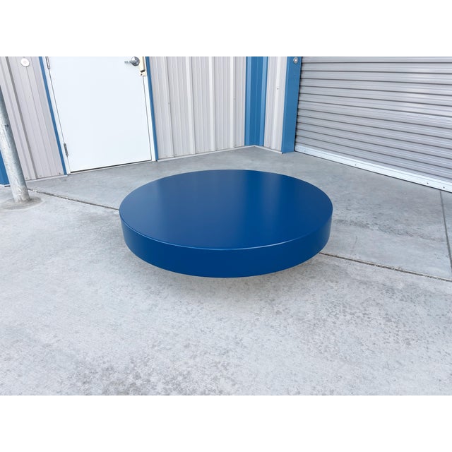 Blue 1960s Mid Century Blue Round Coffee Table With Chrome Base Styled After Willy Rizzo For Sale - Image 8 of 10