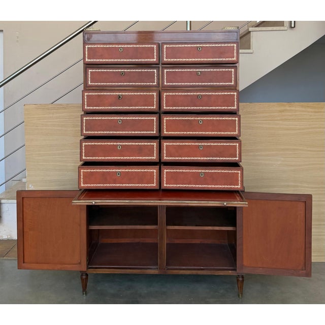Early 20th Century Chippendale Style Orange Tooled Leather Commode Chest of Drawers, Desk For Sale In Miami - Image 6 of 18